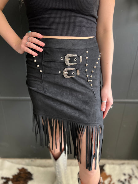 L&B Black Double Buckle Studded Suede Fringe Skirt | Gussied
