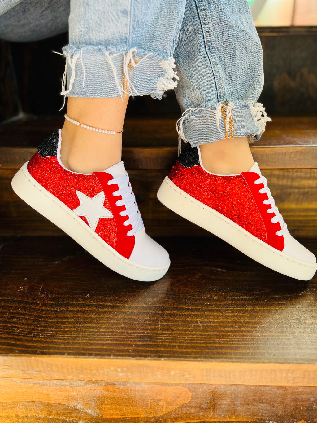 Red & Black Sparkling Game Day Sneakers | gussieduponline