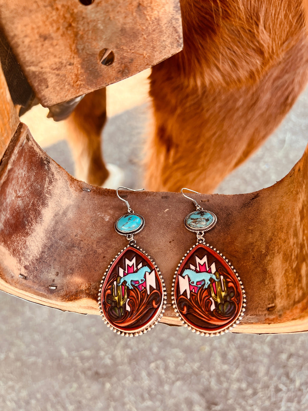 Leather Stamped Aztec Horse Earrings- 2 color choices | gussieduponline