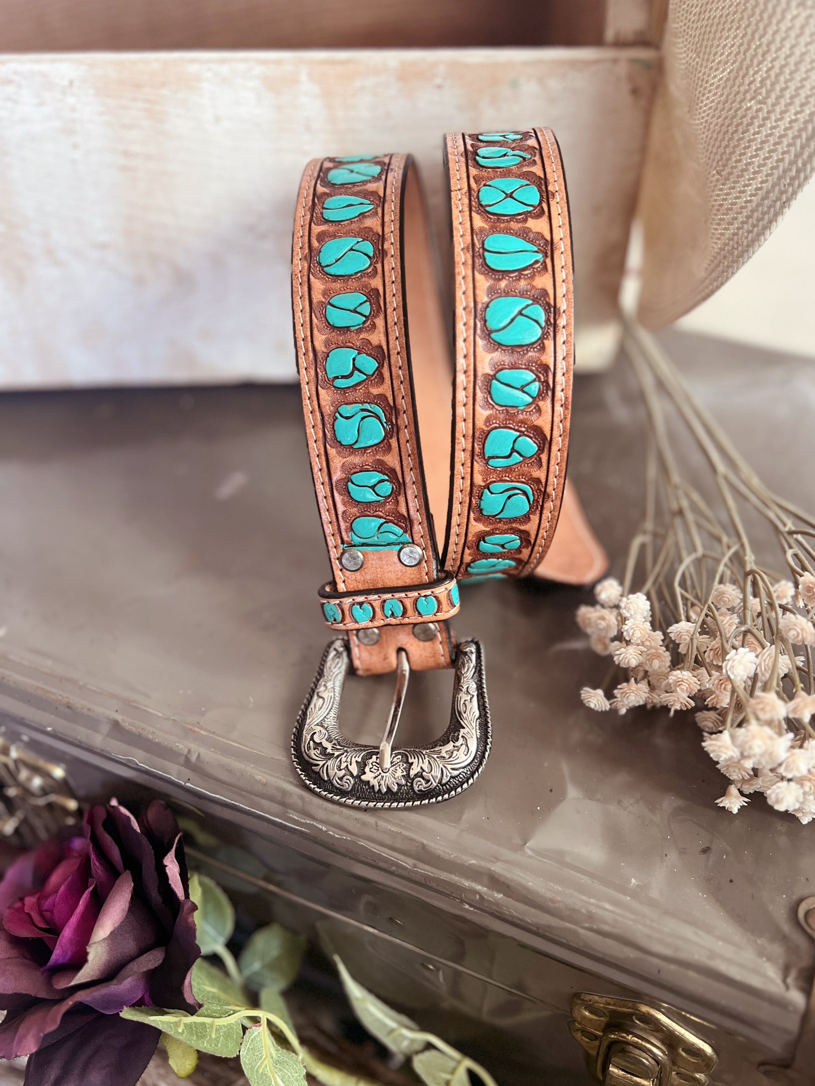 American Darling Hand Painted Turquoise Stones Leather Belt 