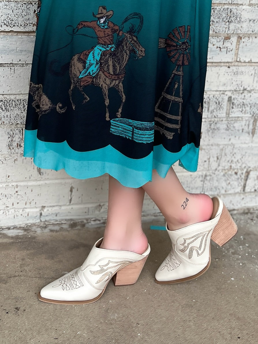 Miim Bree Ivory Western Style Boot Stitch Mule | Gussied Up Online