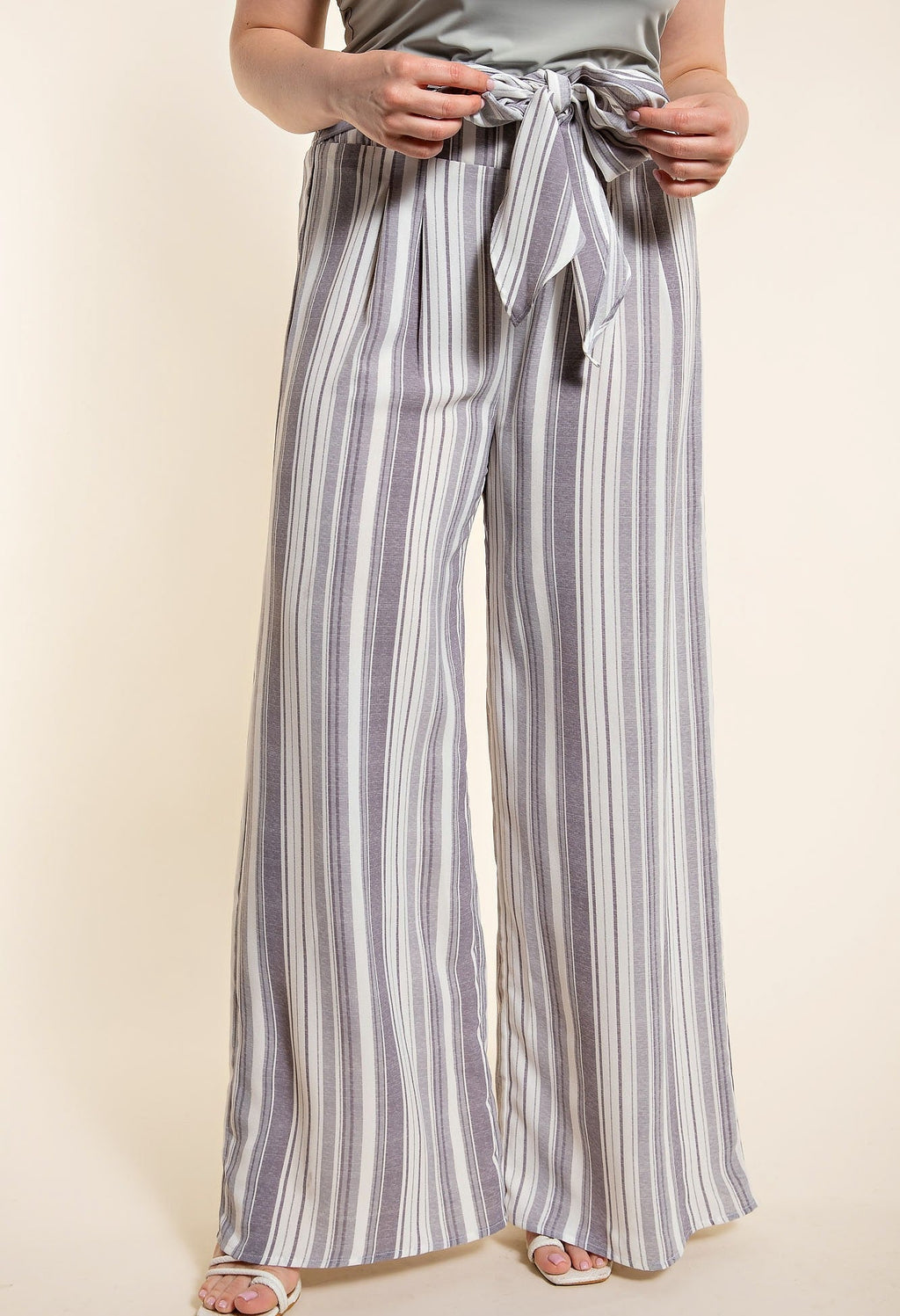 Plus Grey Stripe Smocked Pants | gussieduponline
