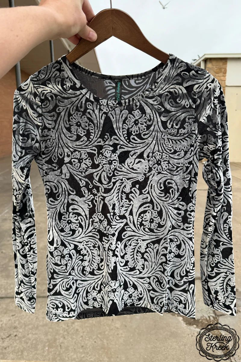 tooled pattern, crew neck, mesh, long sleeve, black, silver. Get Gussied Up. Small Business. 