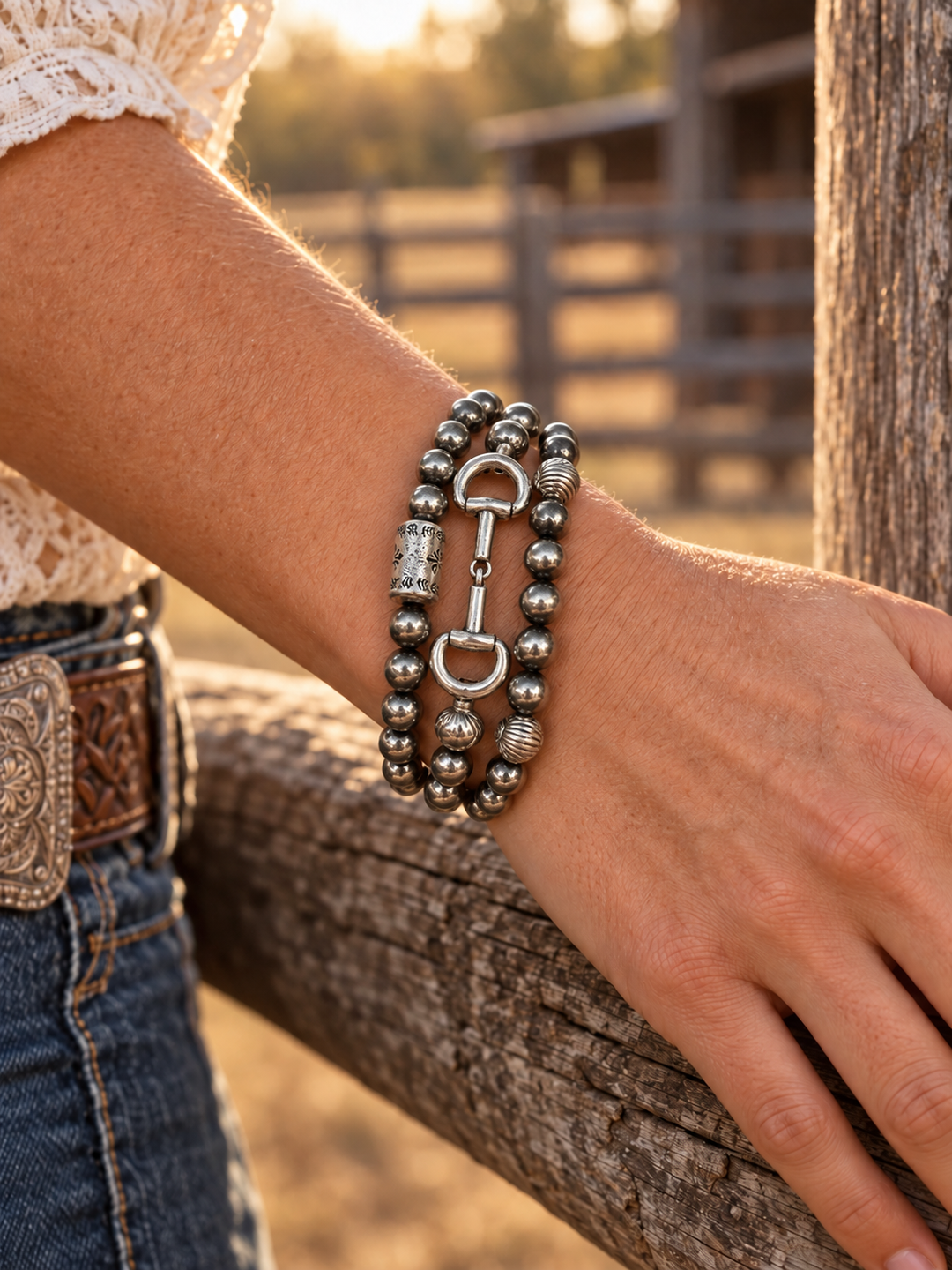 Triple Navajo Pearl With Horse Bit Bracelet