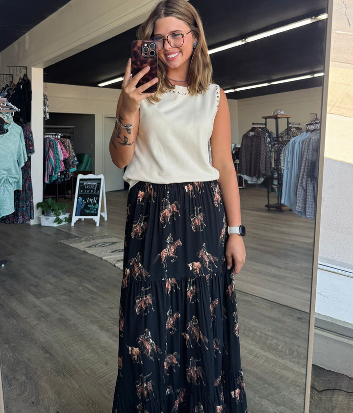 L&B Black Western Kicking Horse Ruffle Tier Skirt