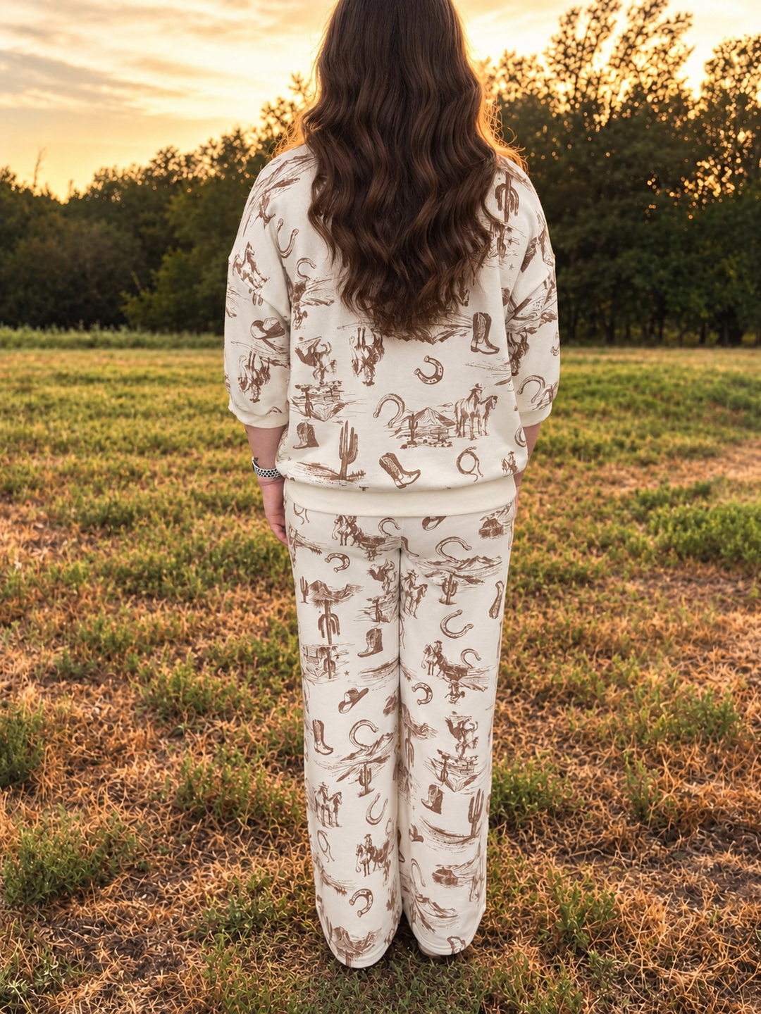 Western Print Drop Shoulder Top & Wide Leg Pant Set