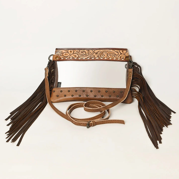 American Darling Hand Tooled Leather Fringe Clear Crossbody Bag