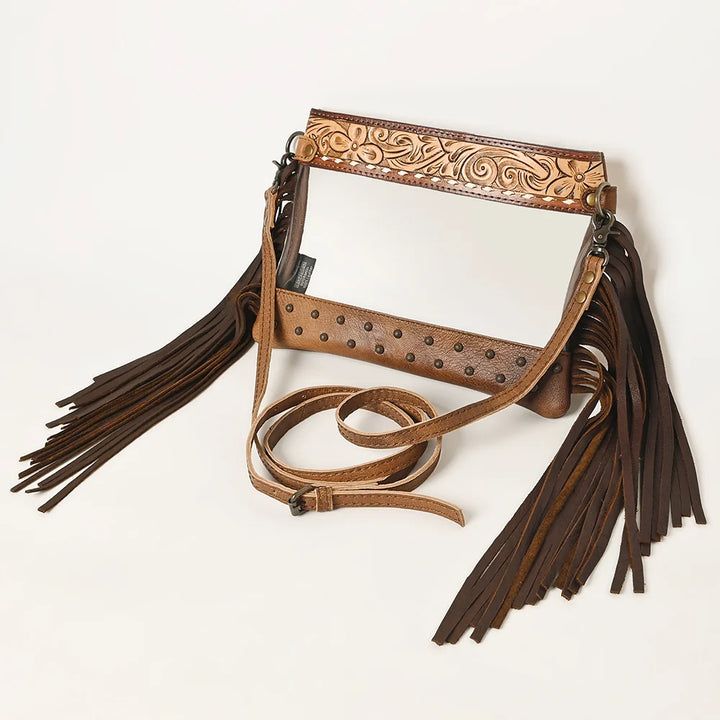 American Darling Hand Tooled Leather Fringe Clear Crossbody Bag