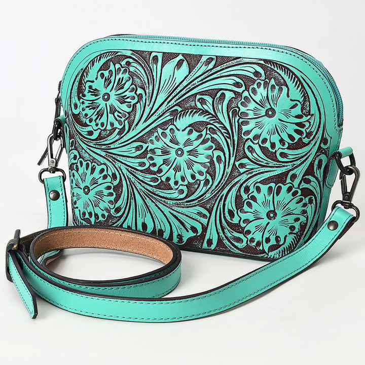 American Darling Floral Hand Tooled Turquoise Leather Crossbody