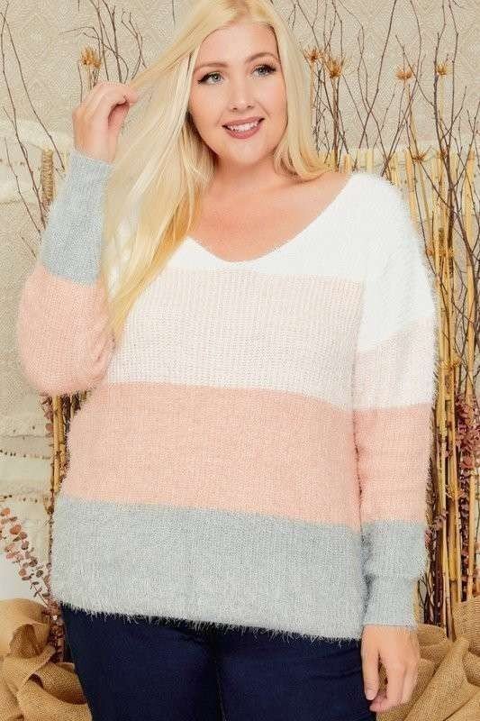 Plus Color Block Wide Neck Knit Sweater Top | gussieduponline