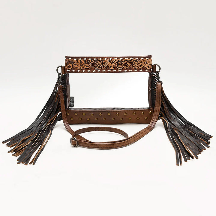 American Darling Genuine Tooled Leather Fringe Clear Crossbody Bag