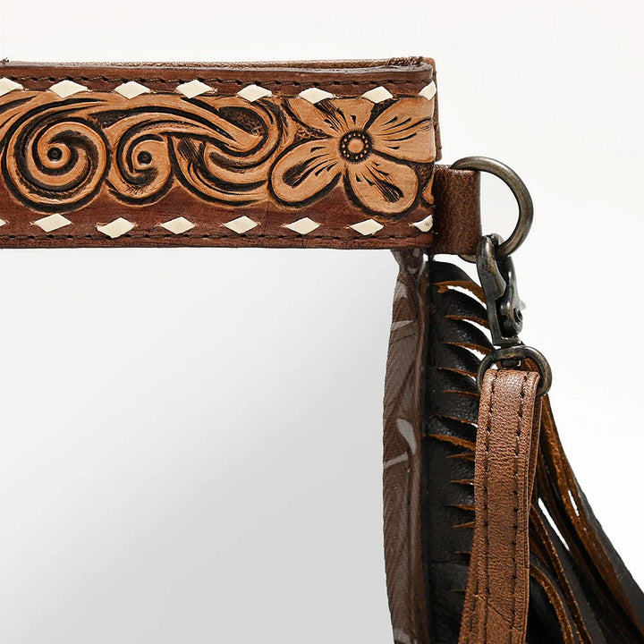 American Darling Genuine Tooled Leather Fringe Clear Crossbody Bag
