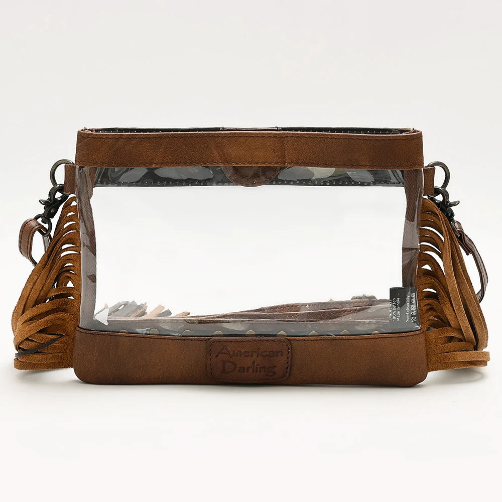 American Darling Genuine Tooled Leather Fringe Clear Crossbody Bag