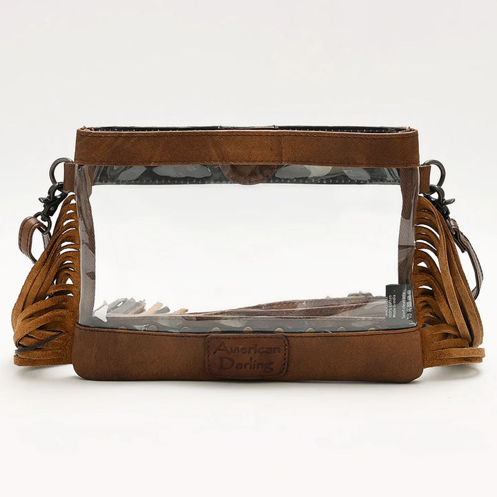 American Darling Genuine Tooled Leather Fringe Clear Crossbody Bag