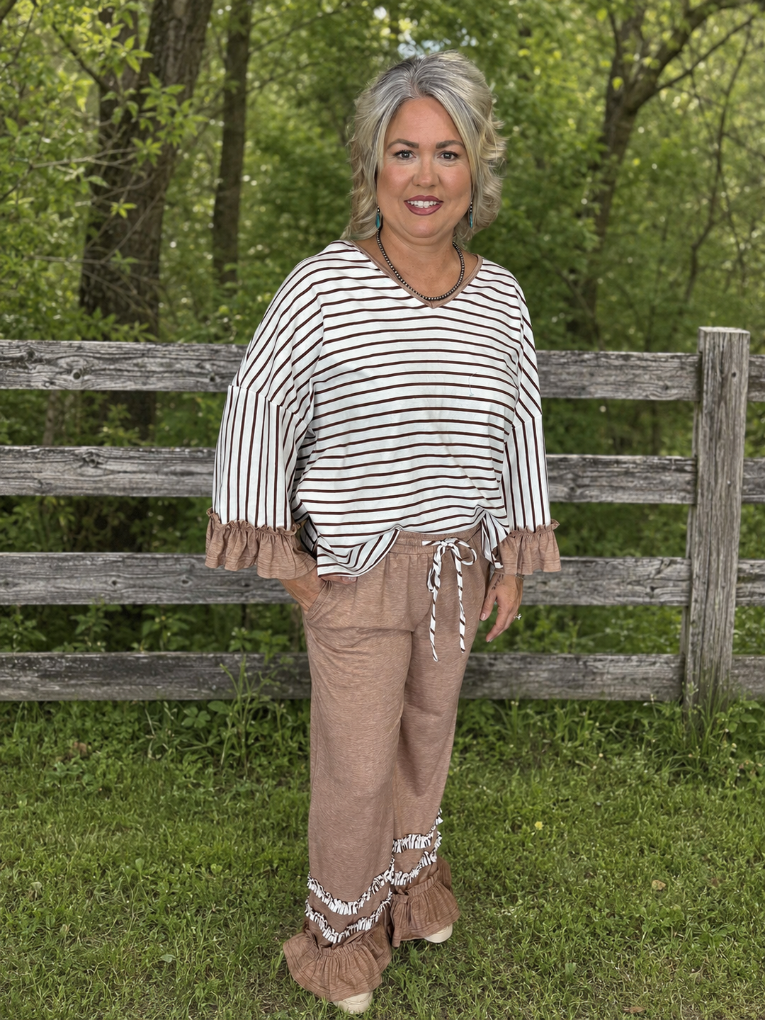 Khaki V Neck Ruffle Contrast 2 pc Set