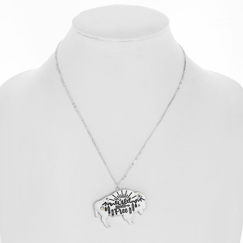 Silver necklace with western theme. Cactus necklace, Don't be a prick. Texas necklace, Texas is my happy place. Buffalo necklace, Wild and free. Woman owned. Small business. Western Boutique