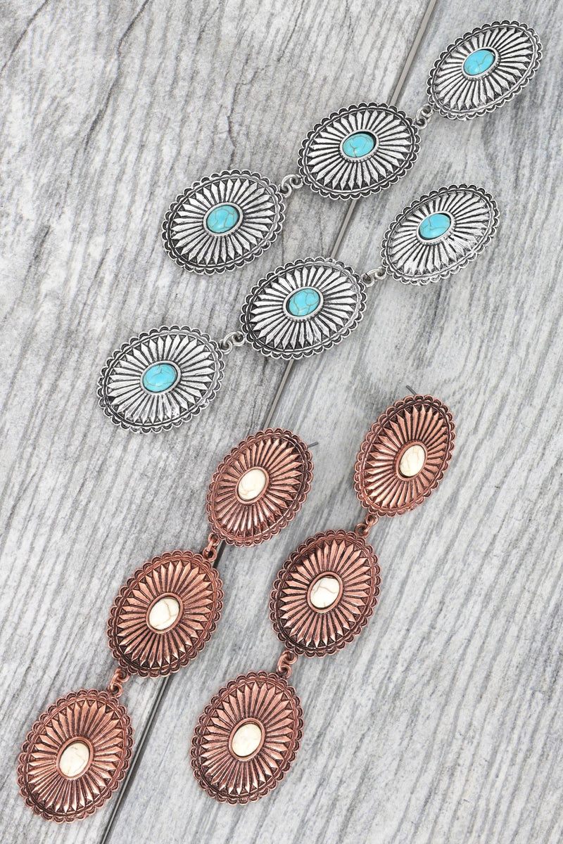WESTERN 3-TIER LONG DROP OVAL SCALLOPED SUNBURST TURQUOISE SEMI STONE CONCHO EARRINGS IN OXIDIZED SILVER TONE METAL HEIGHT: 4.25" WIDTH: 1" TURQUOISE SEMI STONE TRIPLE THREE SCALLOPED SUNBURST OVAL LONG DROP DANGLE CIRCULAR ROUND COWGIRL STATEMENT SOUTHWESTERN COWBOY RODEO WILD WEST BOHO BOHEMIAN NAVAJO NATIVE AMERICAN SOUTHERN COUNTRY WESTERN EARRINGS