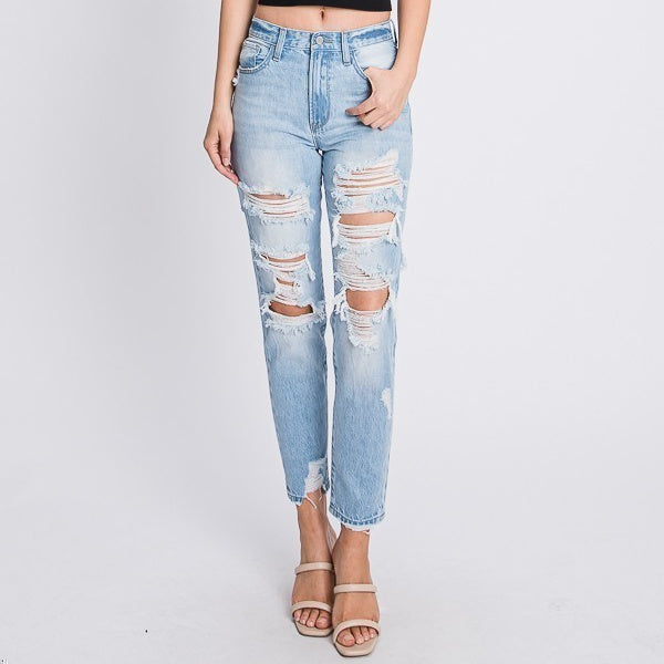 Distressed High Waisted Rigid Mom Jeans