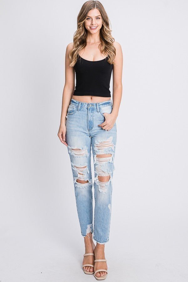 Distressed High Waisted Rigid Mom Jeans