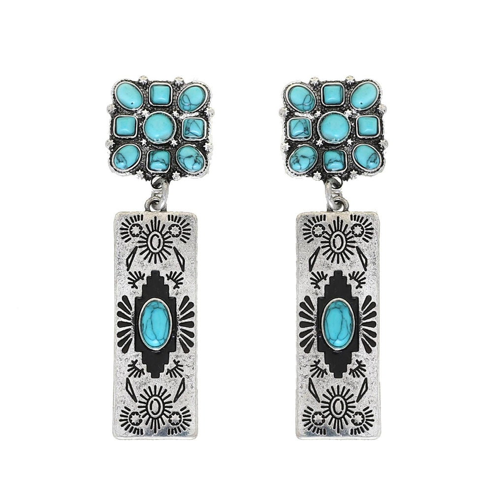 2-TIER WESTERN TURQUOISE RECTANGULAR DANGLE AND DROP EARRINGS IN OXIDIZED SILVER TONE METAL HEIGHT: 2.25" WIDTH: 0.6" RECTANGULAR AZTEC LINEAR GEOMETRIC SOUTHERN COUNTRY RODEO WILD WEST SOUTHWESTERN COWGIRL TURQUOISE NATURAL SEMI STONE VINTAGE WESTERN EARRINGS