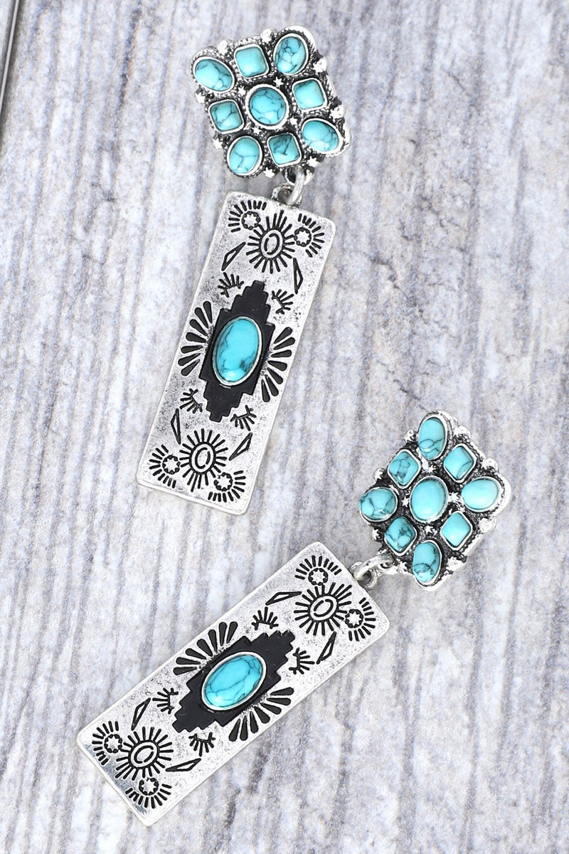 2-TIER WESTERN TURQUOISE RECTANGULAR DANGLE AND DROP EARRINGS IN OXIDIZED SILVER TONE METAL HEIGHT: 2.25" WIDTH: 0.6" RECTANGULAR AZTEC LINEAR GEOMETRIC SOUTHERN COUNTRY RODEO WILD WEST SOUTHWESTERN COWGIRL TURQUOISE NATURAL SEMI STONE VINTAGE WESTERN EARRINGS