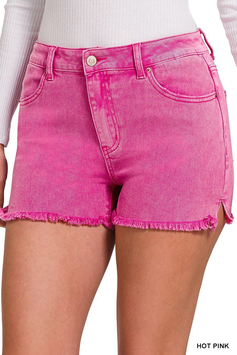 Denim shorts. Jean shorts. Pink Denim shorts. Frayed hem shorts. Hot Pink wash shorts. High rise shorts. Trendy jean shorts. Trending denim shorts. Distressed denim shorts. Distressed jean shorts. Acid washed shorts. Summer outfits. Women's style. Women's boutique. Women's outfits. Small business. Woman owned.