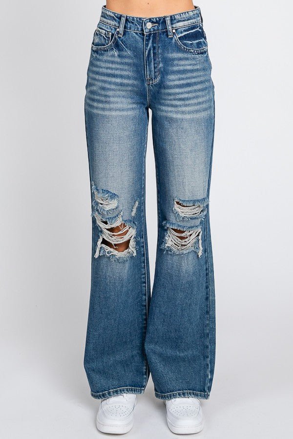 Vintage denim flare jeans. Distressed wide leg flare jeans. Ripped knee flare jeans. Women's western fashion. Women's western wear. Small business. Women's western apparel. Trending fashion jeans.