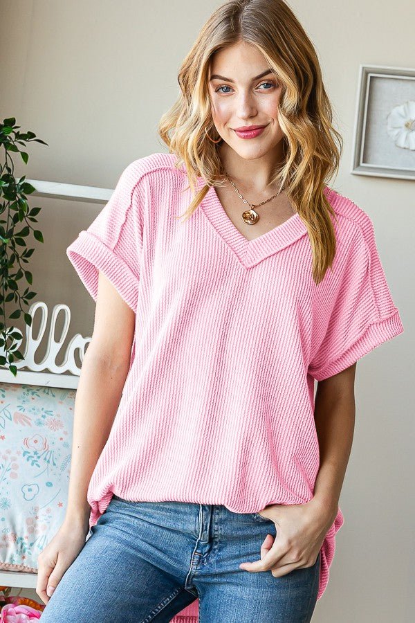Pink ribbed shirt. Trendy style. V-neck. Oversized. Small business. Woman owned business. Boutique. Get Gussied Up