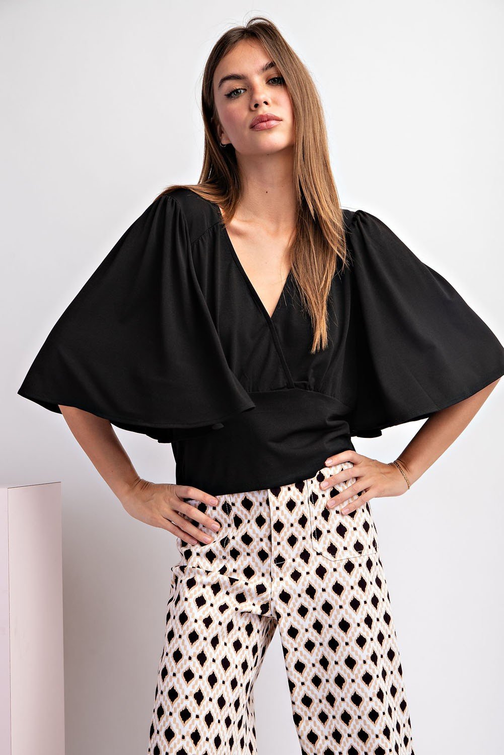 black, bell sleeves, short sleeve, v neck, top. Get Gussied Up. Woman Owned Boutique. 
