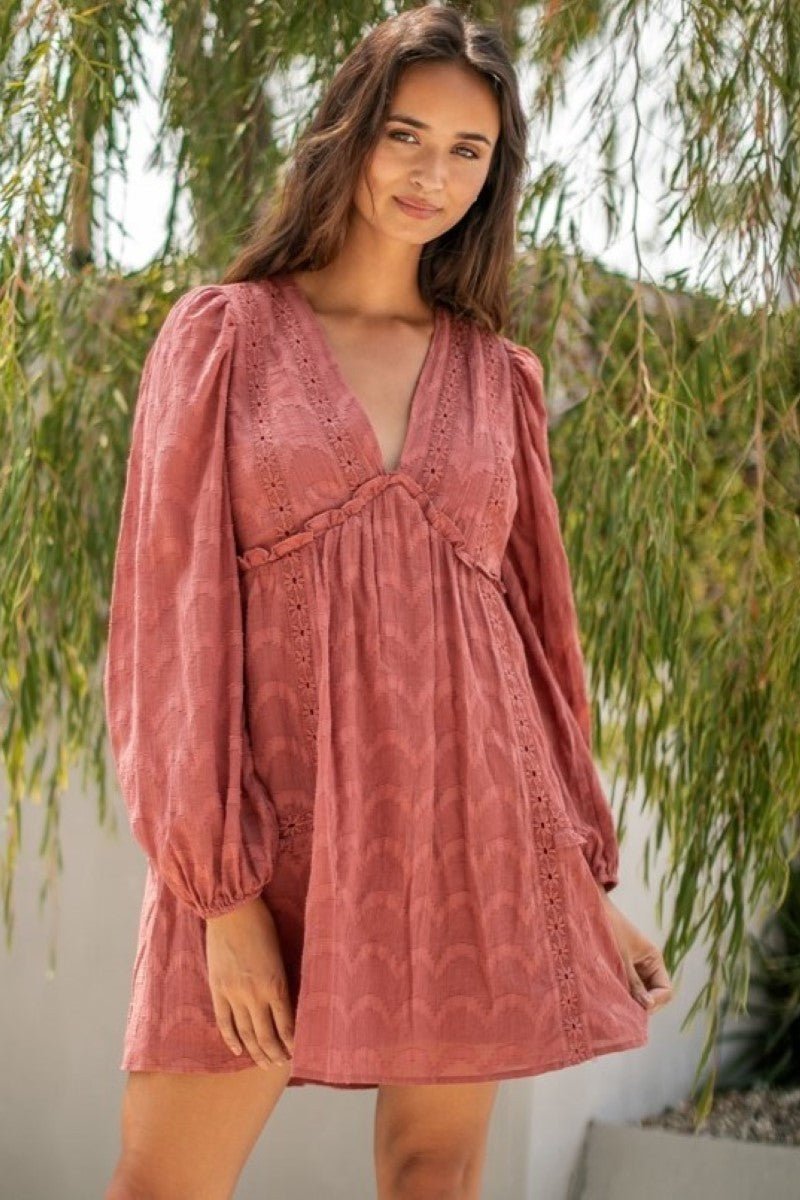 Casual dress. Feminine dress. Date night dress. Outfit. Lady like dress. Knit dress. Mauve dress. Asymmetrical dress. Balloon sleeves. Spring dress. Women's apparel. Women's style. Women's outfit. Fashion trend. Women's Going out dress. Comfortable dress. Boutique. Small business. Woman owned. Fast shipping from Texas.