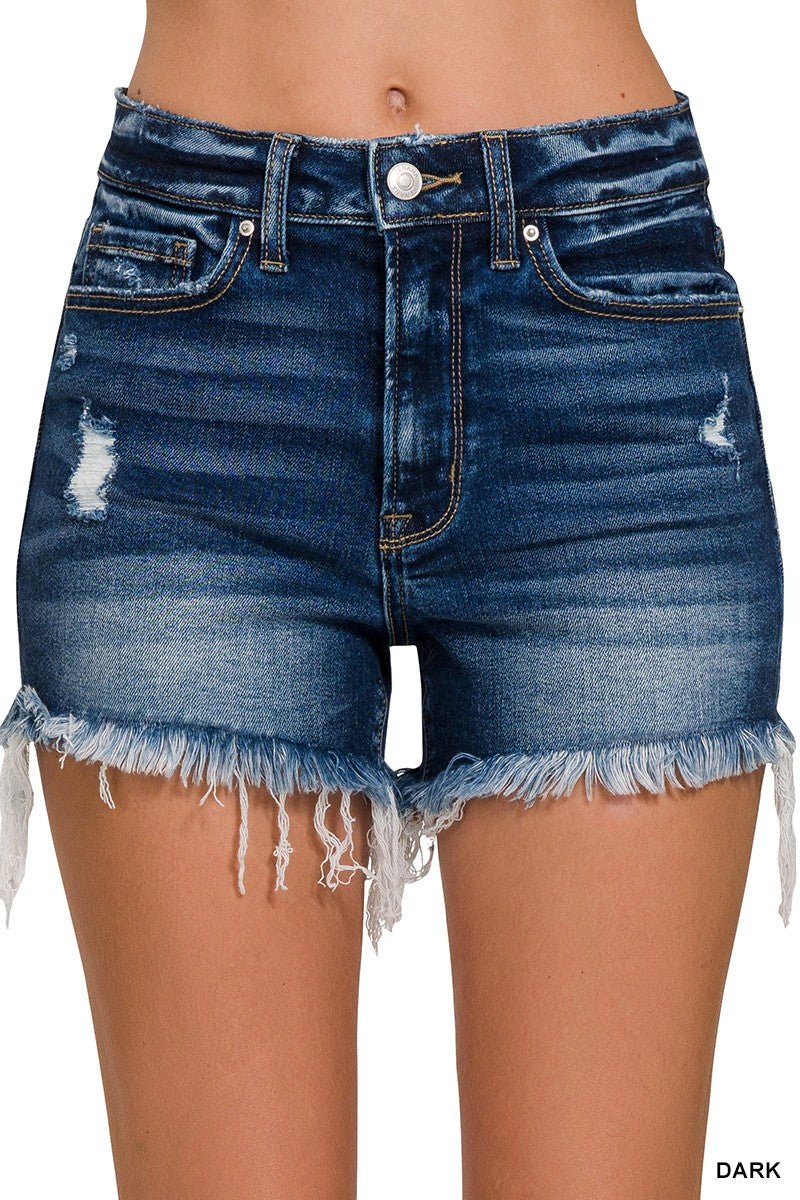 Denim shorts. Jean shorts. Denim shorts with frayed hem. Frayed hem shorts. Dark wash shorts. High rise shorts. Trendy jean shorts. Trending denim shorts. Distressed denim shorts. Distressed jean shorts. Blue jean shorts. Summer outfits. Women's style. Women's boutique. Women's outfits. Small business. Woman owned.