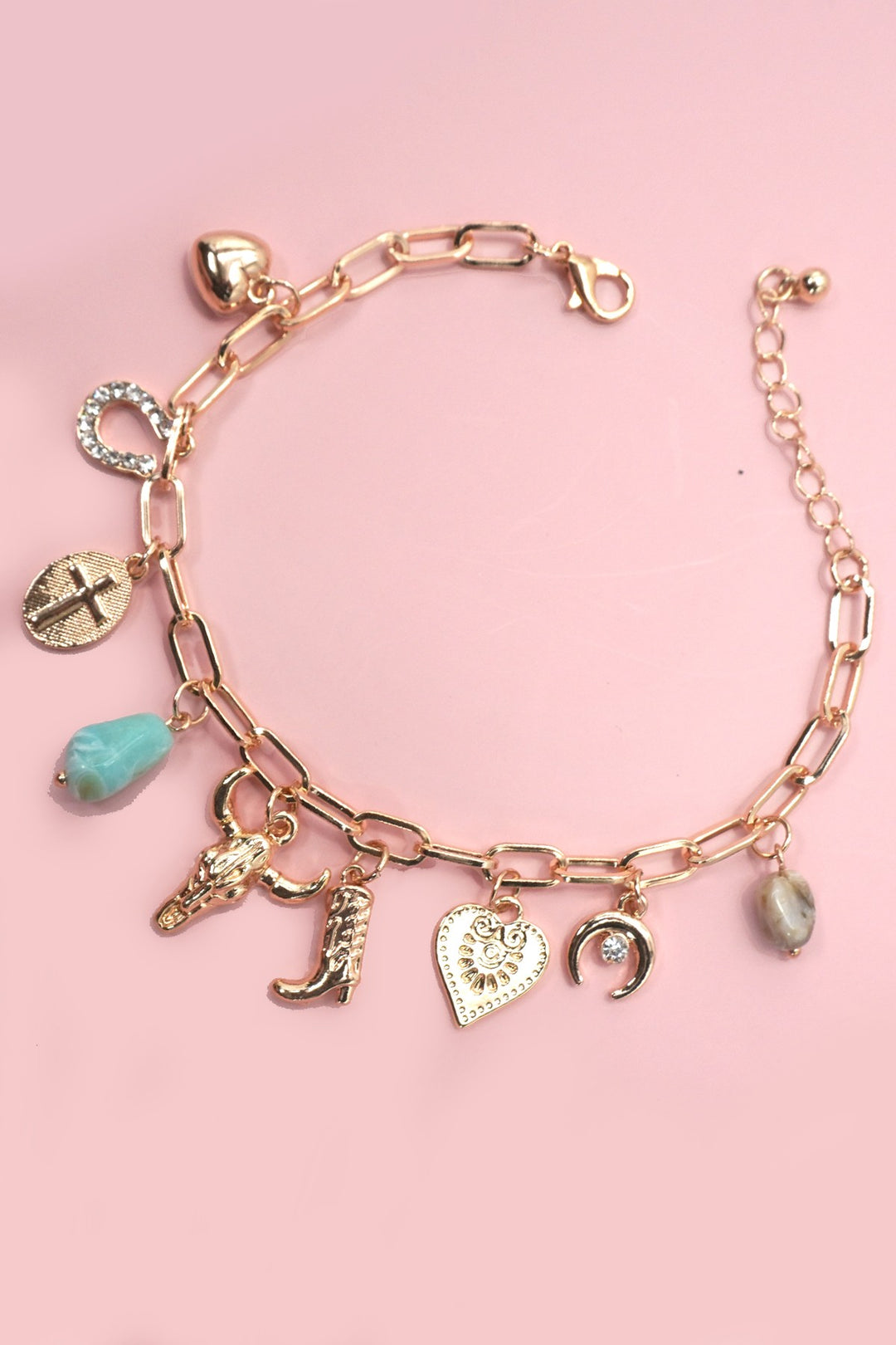 Western Boot & Bullhead Stone Gold Charm Bracelet