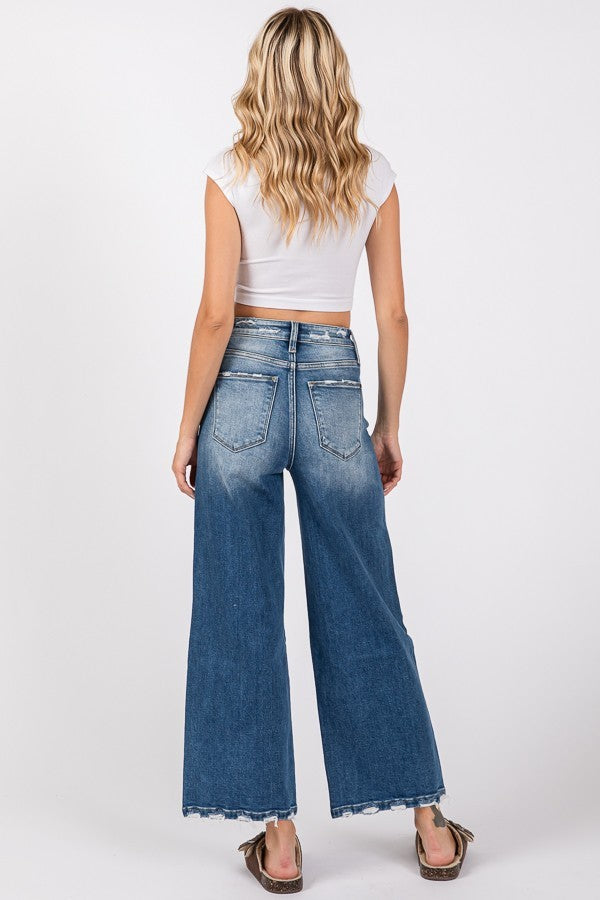 Petra High Rise Relaxed Cropped Distressed Wide Leg Jeans