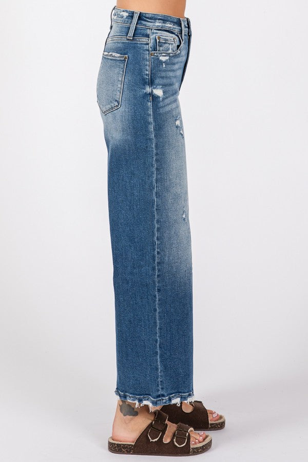 Petra High Rise Relaxed Cropped Distressed Wide Leg Jeans
