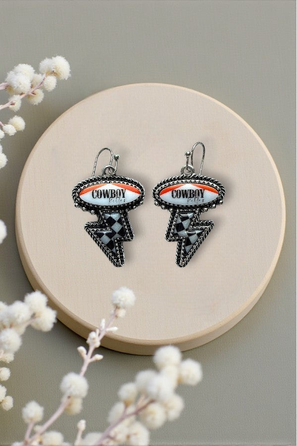Western Checkered Lightning Bolt Cowboy Dangle Earrings