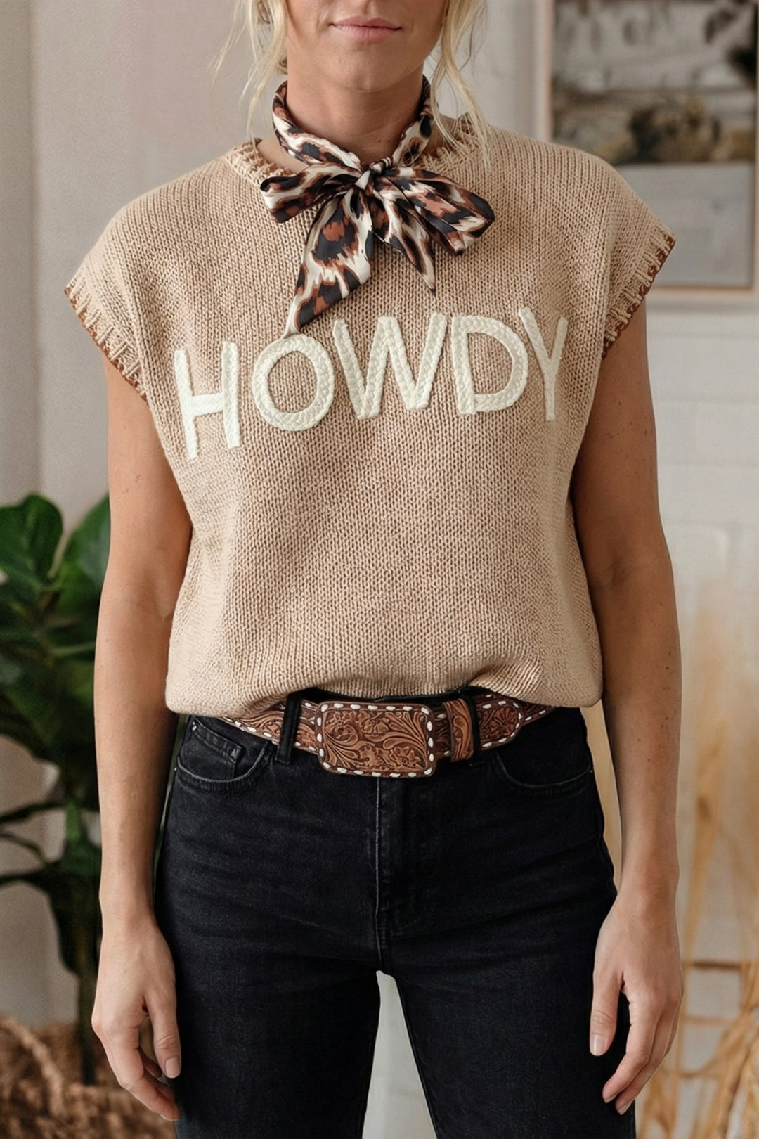 HOWDY Western Contrast Trim Knit Sweater