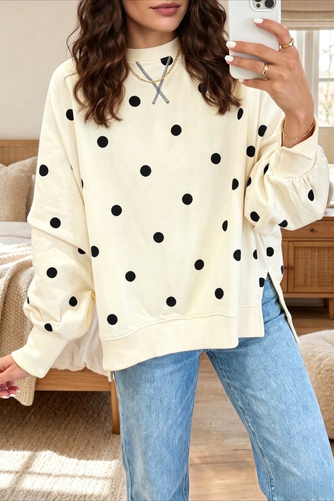 Apricot Polka Dot Relaxed Pullover