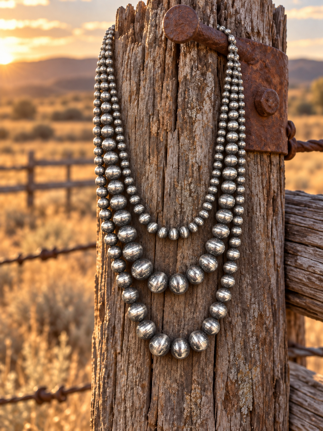 Triple Silver Navajo Pearl Bead String Necklace