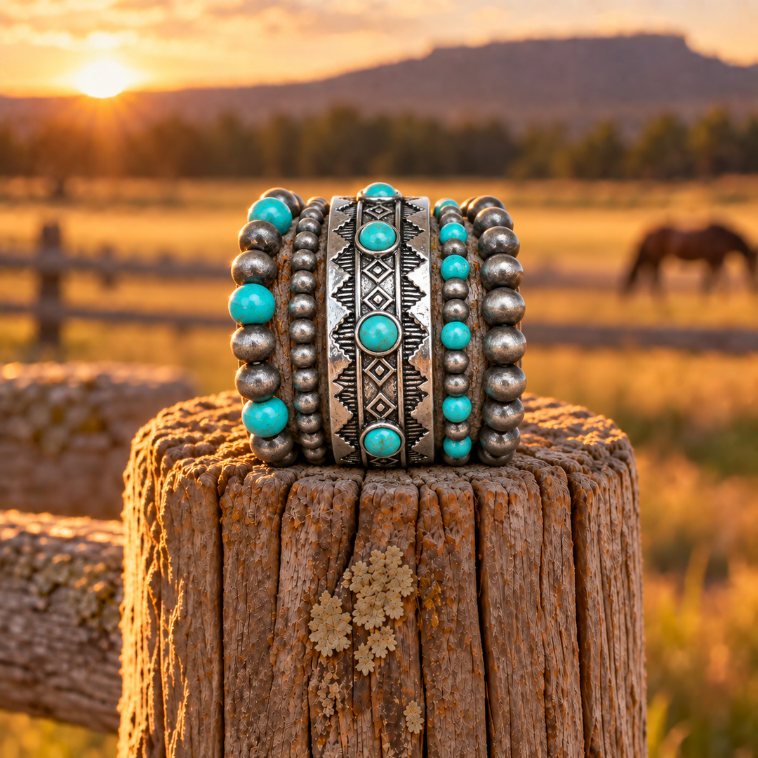 Navajo Pearl And Turquoise Stone Bead Stretch Bracelet Set