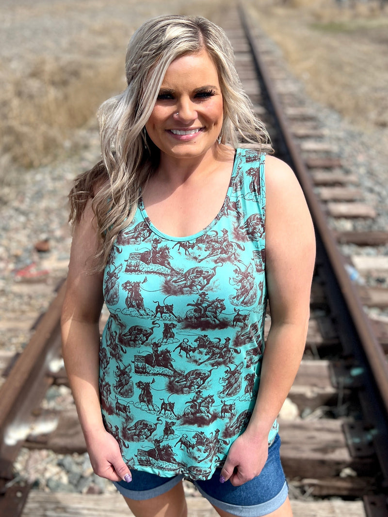 Western print turquoise tank top. Vintage western print racer tank. Turquoise tank top. Women's western wear. Women's trending fashion. Women's western boutique. Online boutique. Small business. 