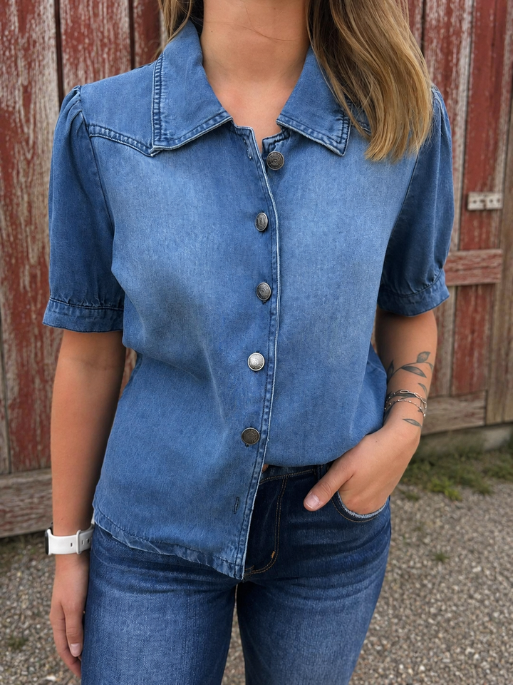 L&B Denim Button Down Puff Sleeve Top