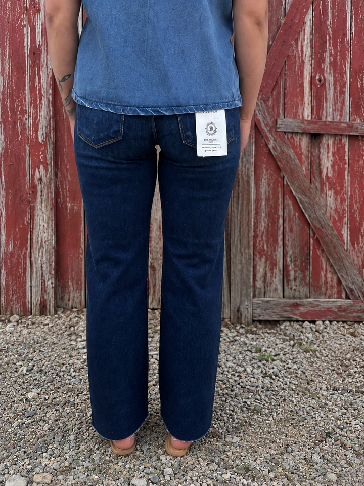 Risen Mid Rise Crop Straight Raw Hem Jeans