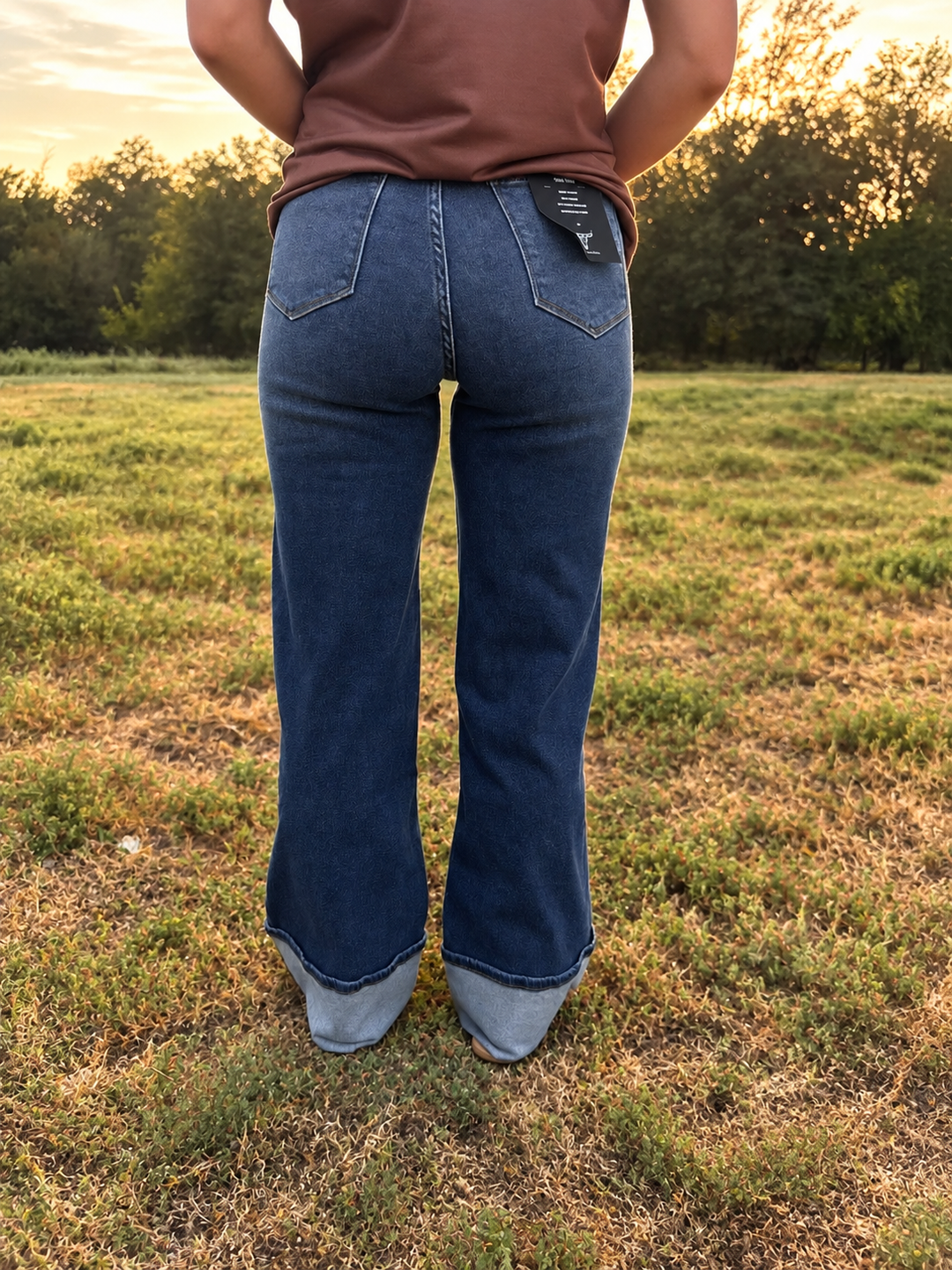 L&B Dark Wash High Rise Contrast Cuff Straight Leg Jeans