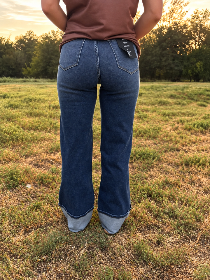 L&B Dark Wash High Rise Contrast Cuff Straight Leg Jeans