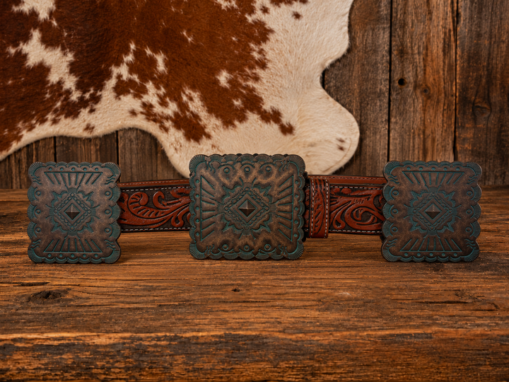 Brown Tooled Genuine Leather Bronze Concho Belt
