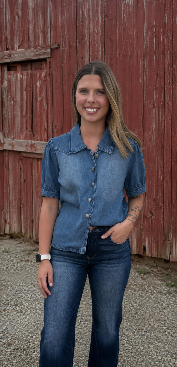 L&B Denim Button Down Puff Sleeve Top