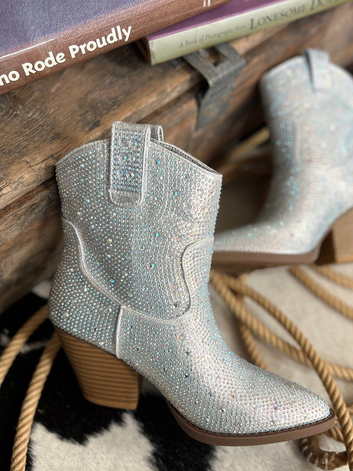 Tres' Rivers Silver Rhinestone Booties | gussieduponline
