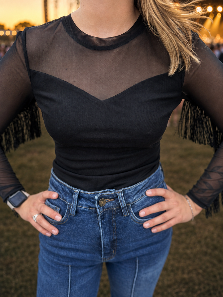 Black Mesh Long Sleeve Fringe Bodysuit