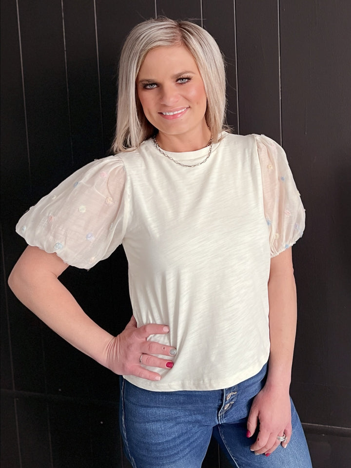 3D Flower Textured Sleeve Cream Top*