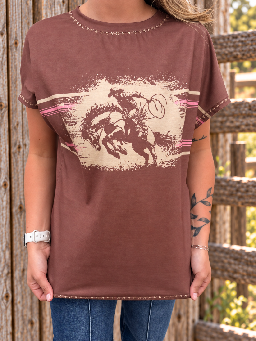 Brown Bucking Horse Sunset Short Sleeve Top